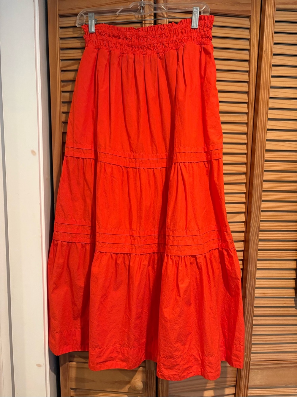 Quince 100% Organic Cotton Poplin Tiered Maxi Skirt Vermilion Red Orange Boho